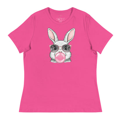 Funny bunny t shirt in pink featuring a cartoon rabbit with sunglasses blowing a bubblegum