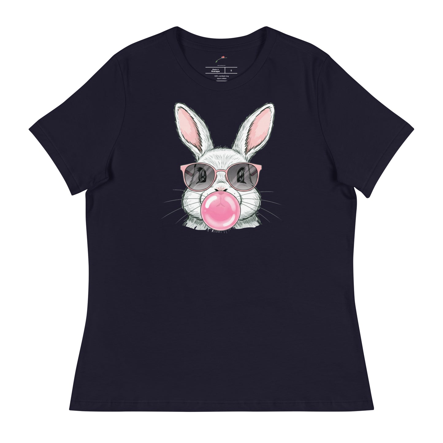 Navy Funny Bunny T Shirt featuring a rabbit with glasses blowing a bubble gum