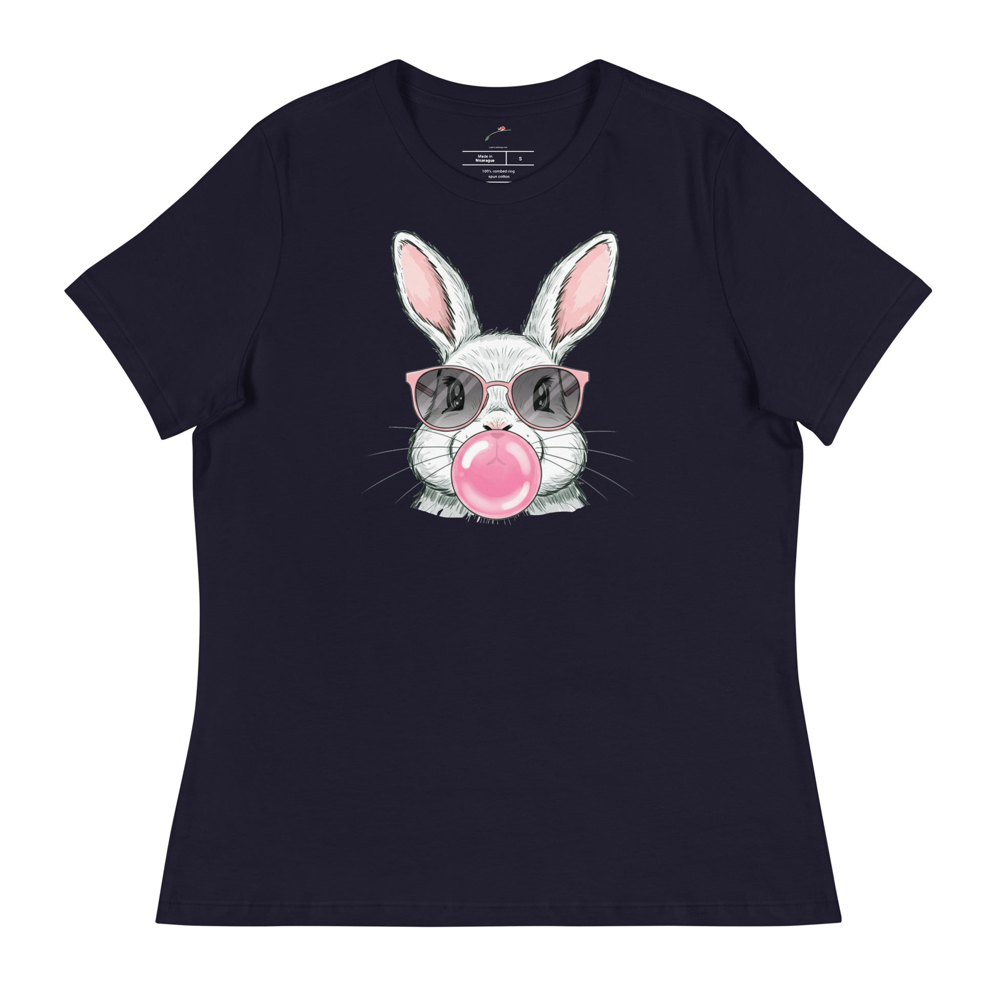 Navy Funny Bunny T Shirt featuring a rabbit with glasses blowing a bubble gum