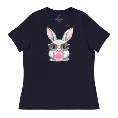 Navy Funny Bunny T Shirt featuring a rabbit with glasses blowing a bubble gum