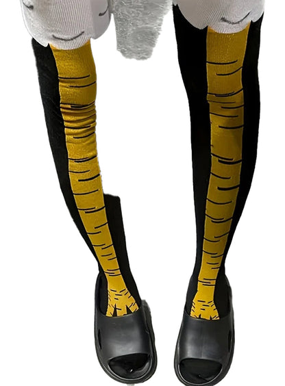 Funny chicken feet thigh high stockings with vibrant yellow design, perfect for playful outfits.