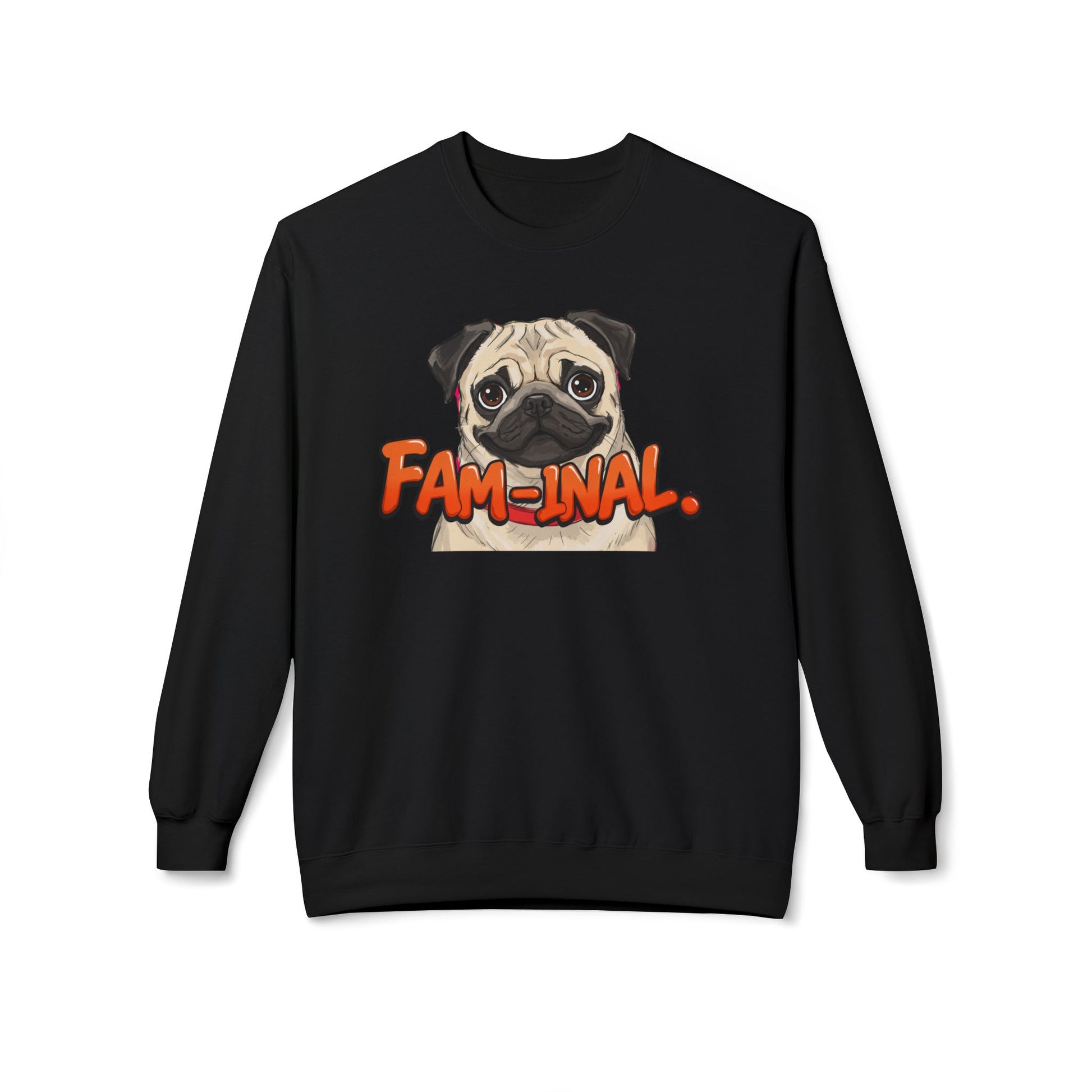 Black LuckeLadybug funny dog mom sweatshirt featuring a cute pug with fam-inal text design