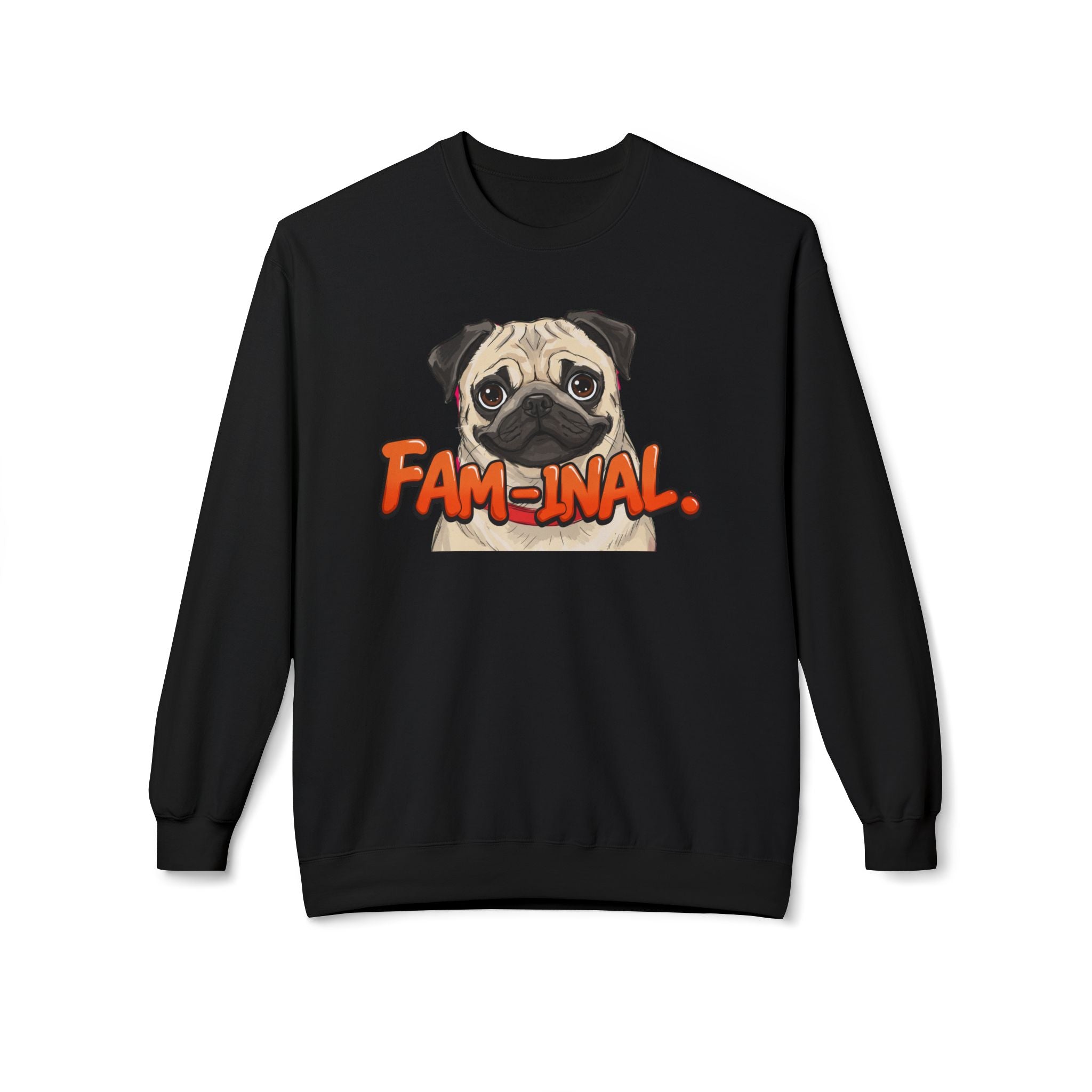 Black LuckeLadybug funny dog mom sweatshirt featuring a cute pug with fam-inal text design