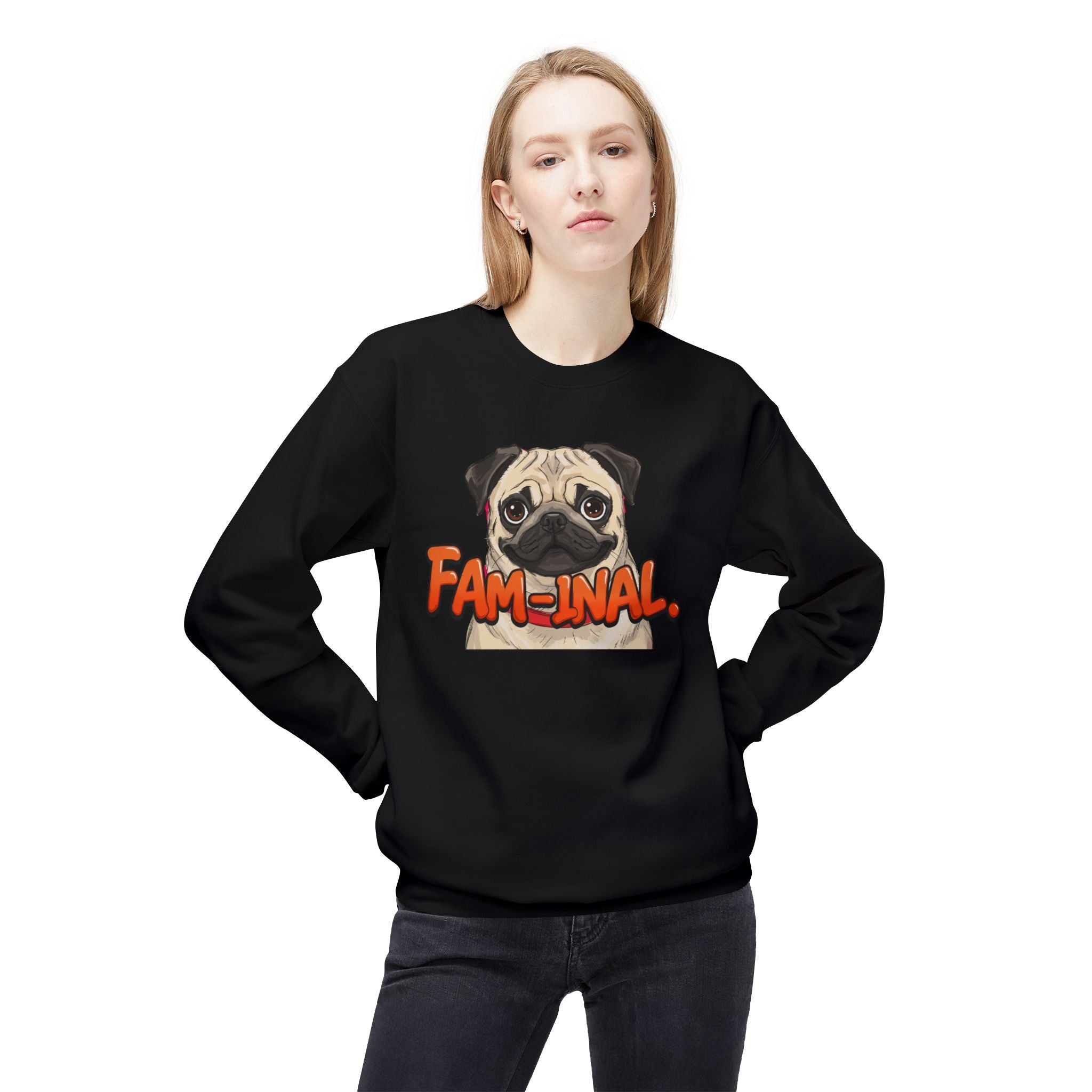 LuckyLadybug funny dog mom sweatshirt with cute pug illustration and playful Fam-inal text in black