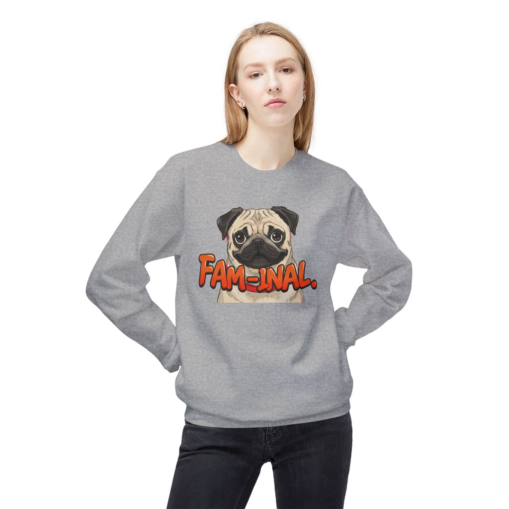 LuckeLadybug funny dog mom sweatshirt in gray with cartoon pug and fam-inal text