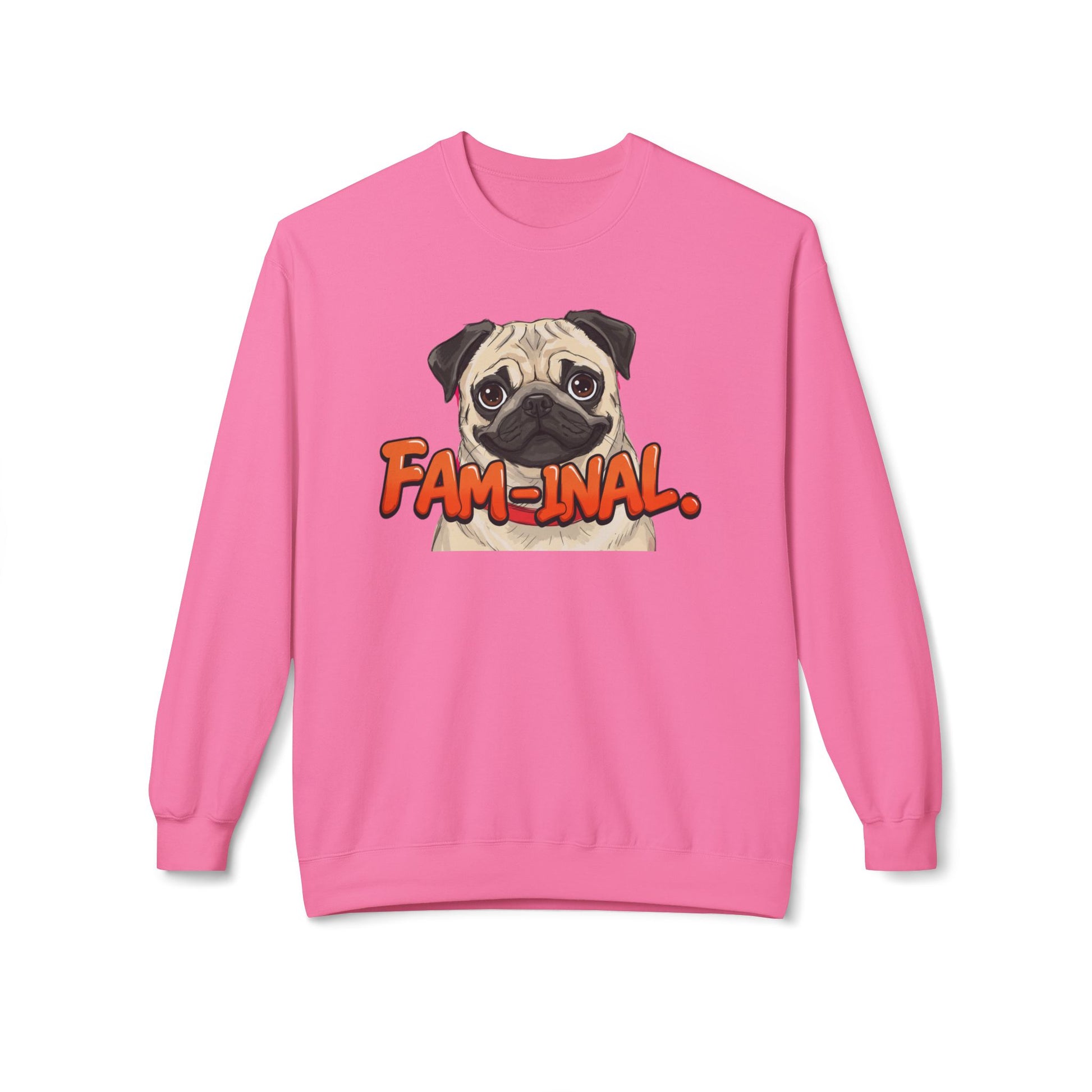 Pink funny dog mom sweatshirt with a cute pug and fam-inal text design by LuckeLadybug