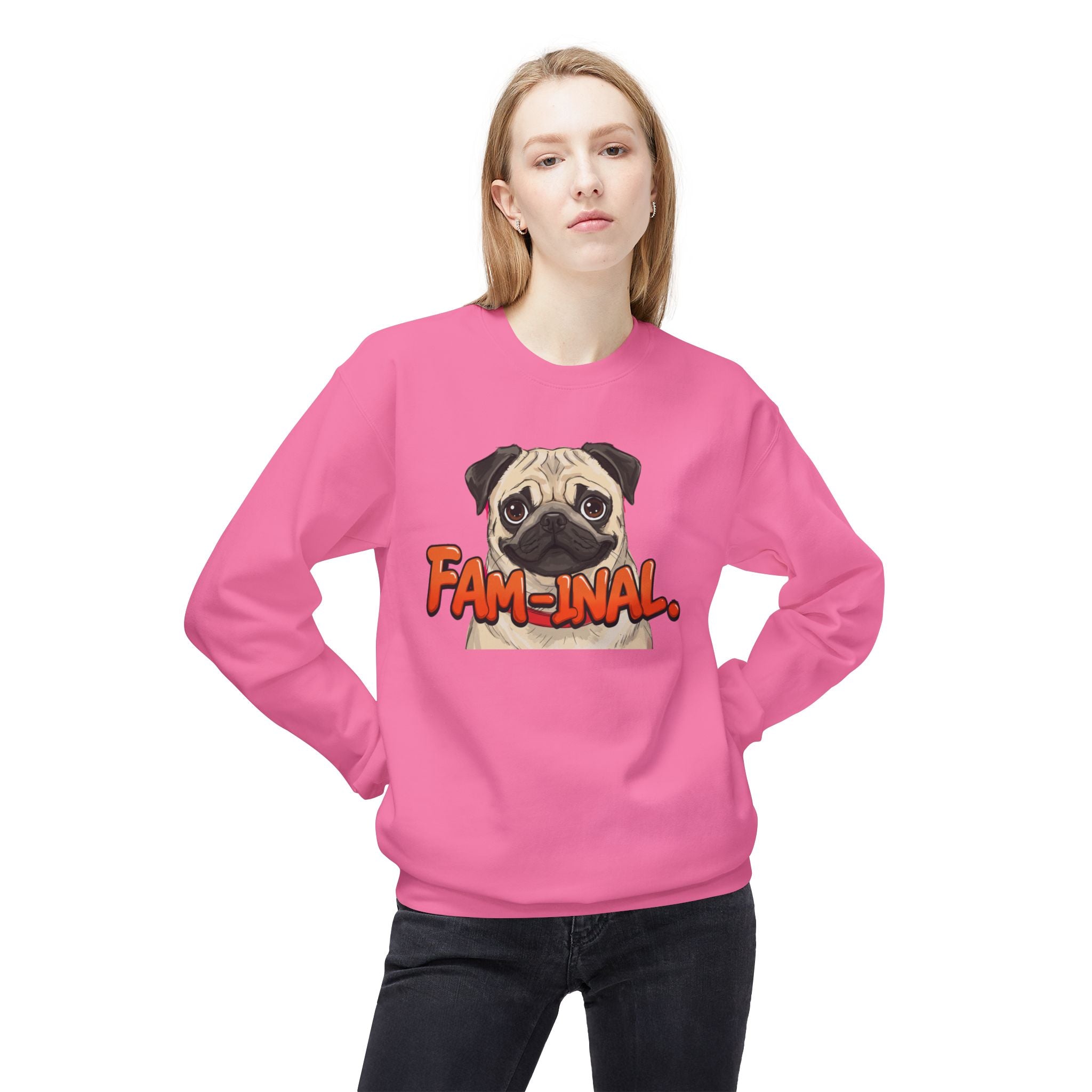 LuckyLadybug pink funny dog mom sweatshirt with a pug and FAM-INAL text graphic