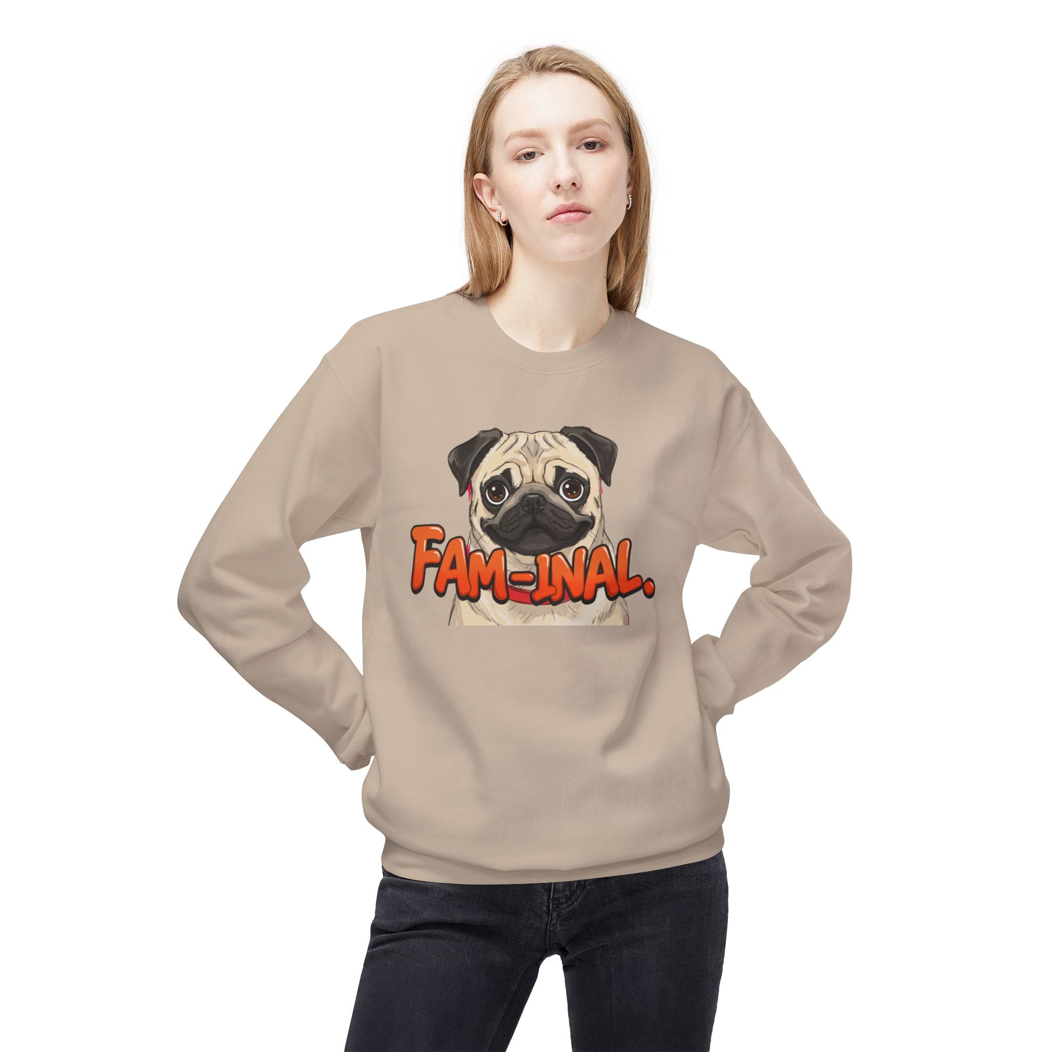 LuckeLadybug funny dog mom sweatshirt featuring a pug illustration and fam-inal text in beige