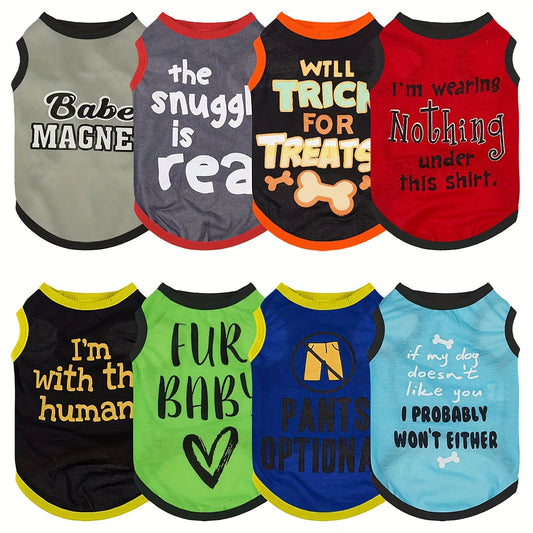 Variety of funny dog shirts for small dogs featuring humorous quotes and colorful designs