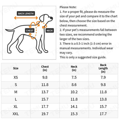 Sizing guide for LuckeLadybug funny dog shirts for small dogs with chest, neck, and back length measurements