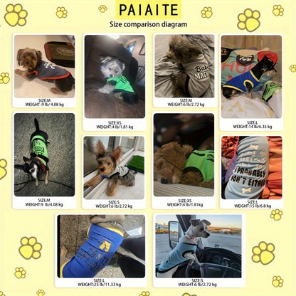Size comparison diagram for funny dog shirts for small dogs showing different styles and fits on dogs