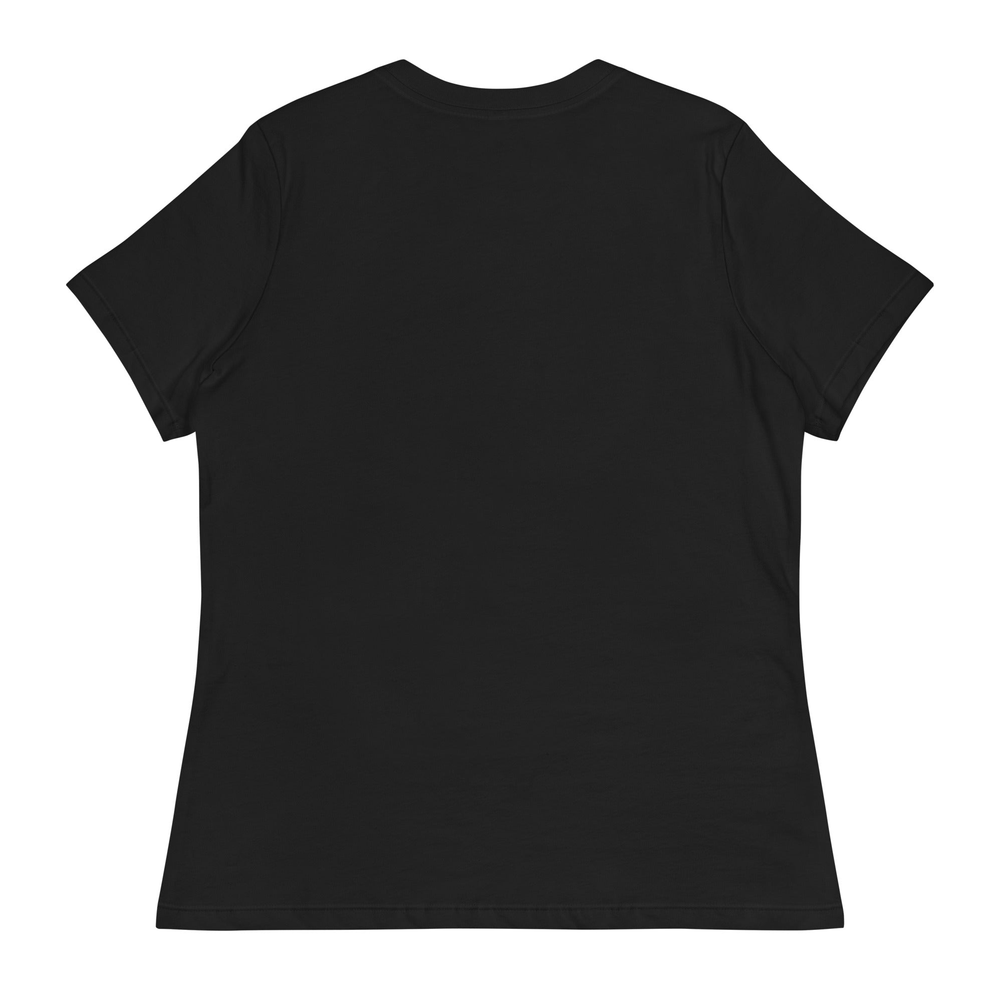 Black plain back view of funny giraffe t shirt women by LuckeLadybug in classic fit