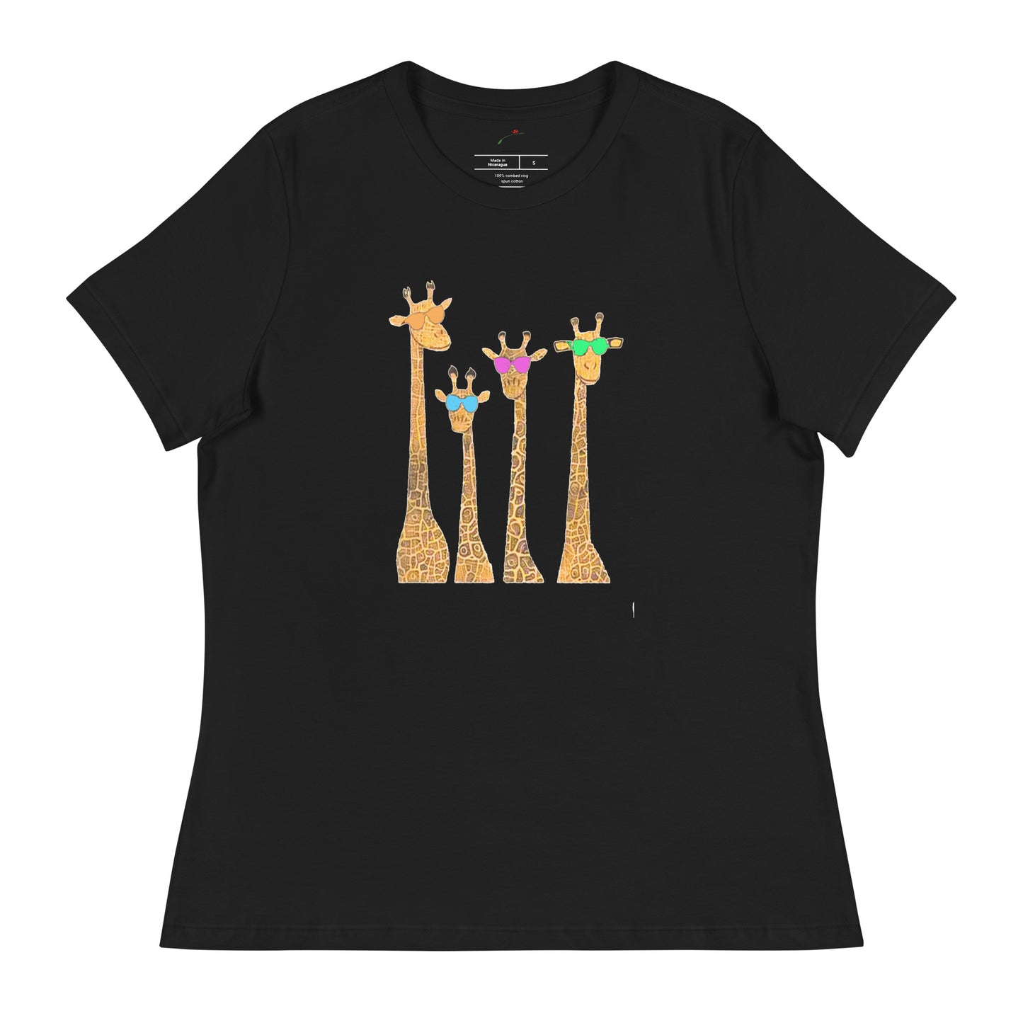 Funny giraffe t shirt women black tee with four colorful giraffes wearing sunglasses