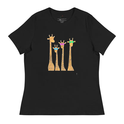 Funny giraffe t shirt women black tee with four colorful giraffes wearing sunglasses