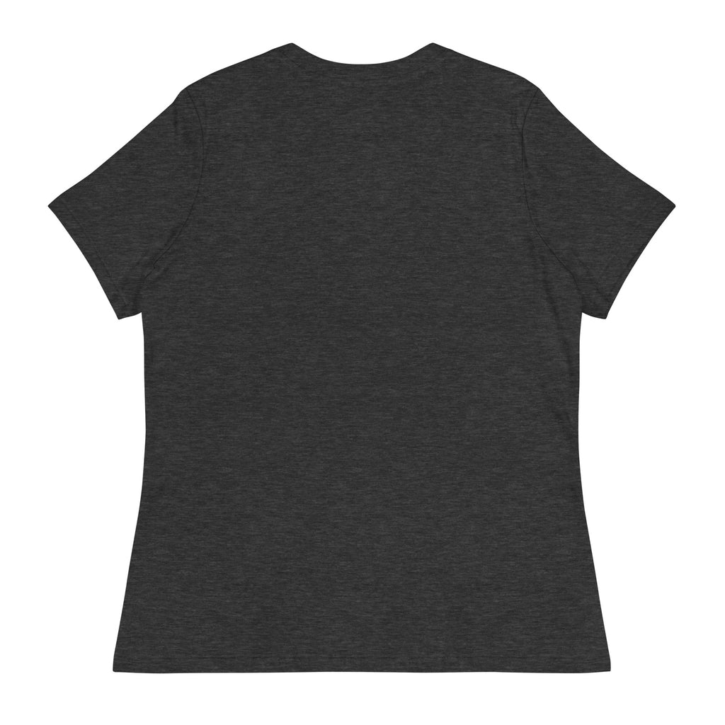 Back view of a dark gray funny giraffe t shirt women by LuckeLadybug with short sleeves