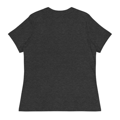 Back view of a dark gray funny giraffe t shirt women by LuckeLadybug with short sleeves