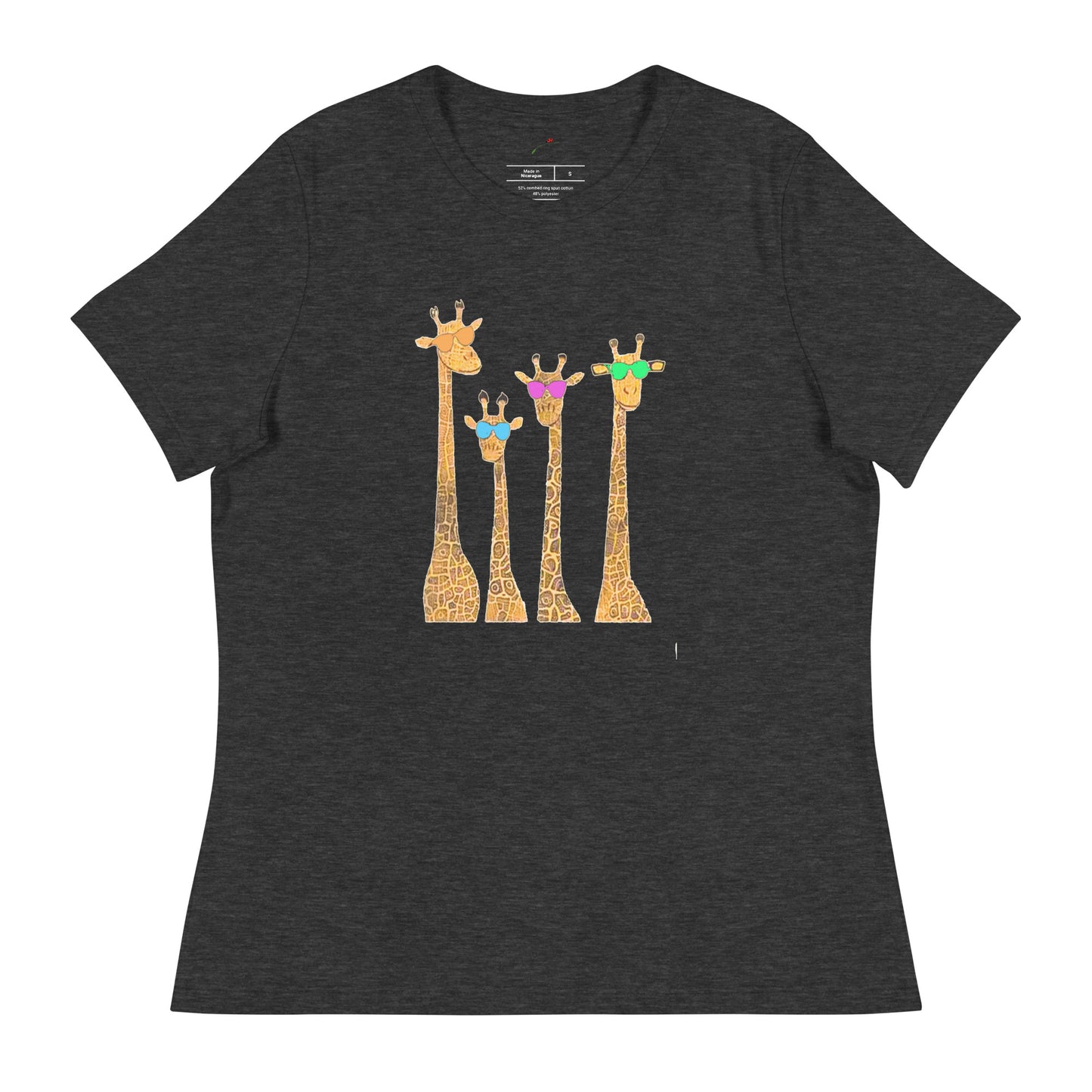 Funny giraffe t shirt women with four cartoon giraffes wearing colorful sunglasses on dark fabric