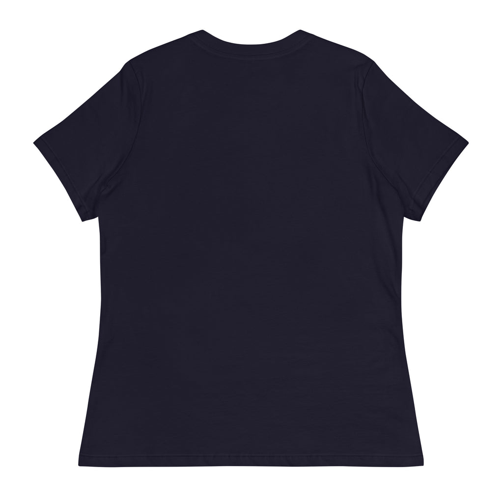 Back view of a plain black funny giraffe t shirt women style by LuckeLadybug with short sleeves