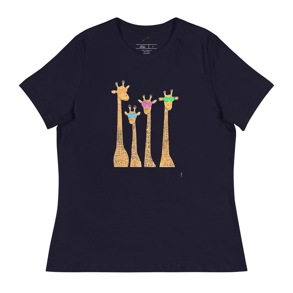 Funny giraffe t shirt women black tee with four colorful sunglasses wearing giraffes graphic