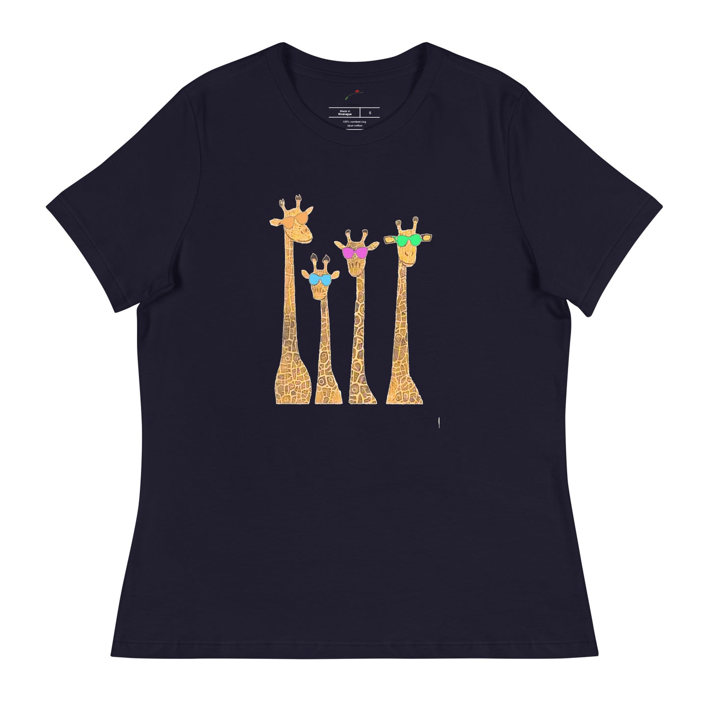 Funny giraffe t shirt women black tee with four colorful sunglasses wearing giraffes graphic