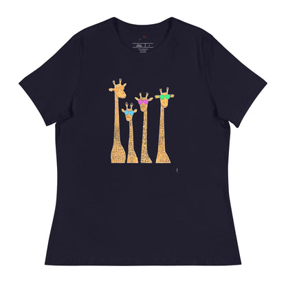 Funny giraffe t shirt women black tee with four colorful sunglasses wearing giraffes graphic