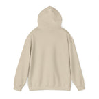 Back view of beige funny husky graphic hoodie by LuckeLadybug with hood and long sleeves
