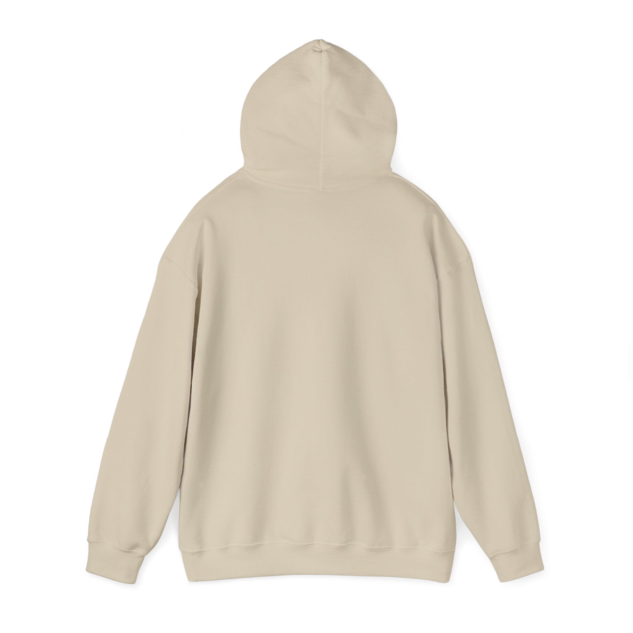 Back view of beige funny husky graphic hoodie by LuckeLadybug with hood and long sleeves