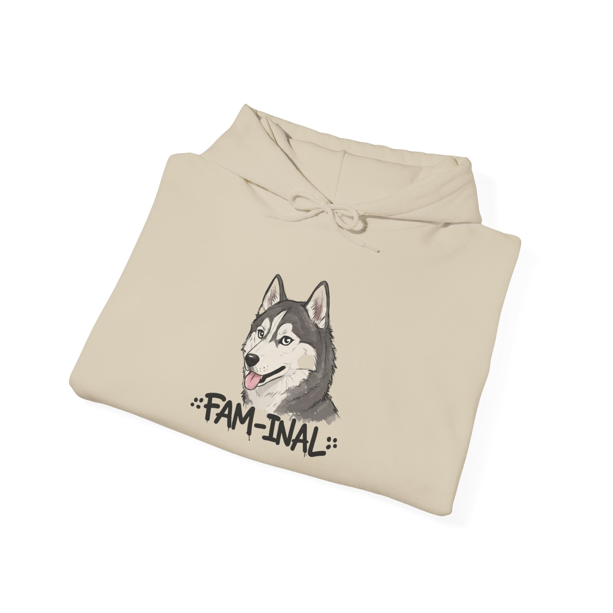 LuckeLadybug beige funny husky graphic hoodie with a cute husky illustration and fam-inal text