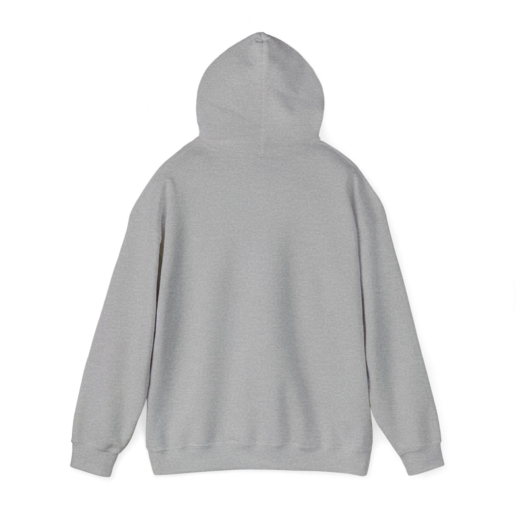 view of LuckeLadybug funny husky graphic hoodie in light gray with a hood and long sleeves