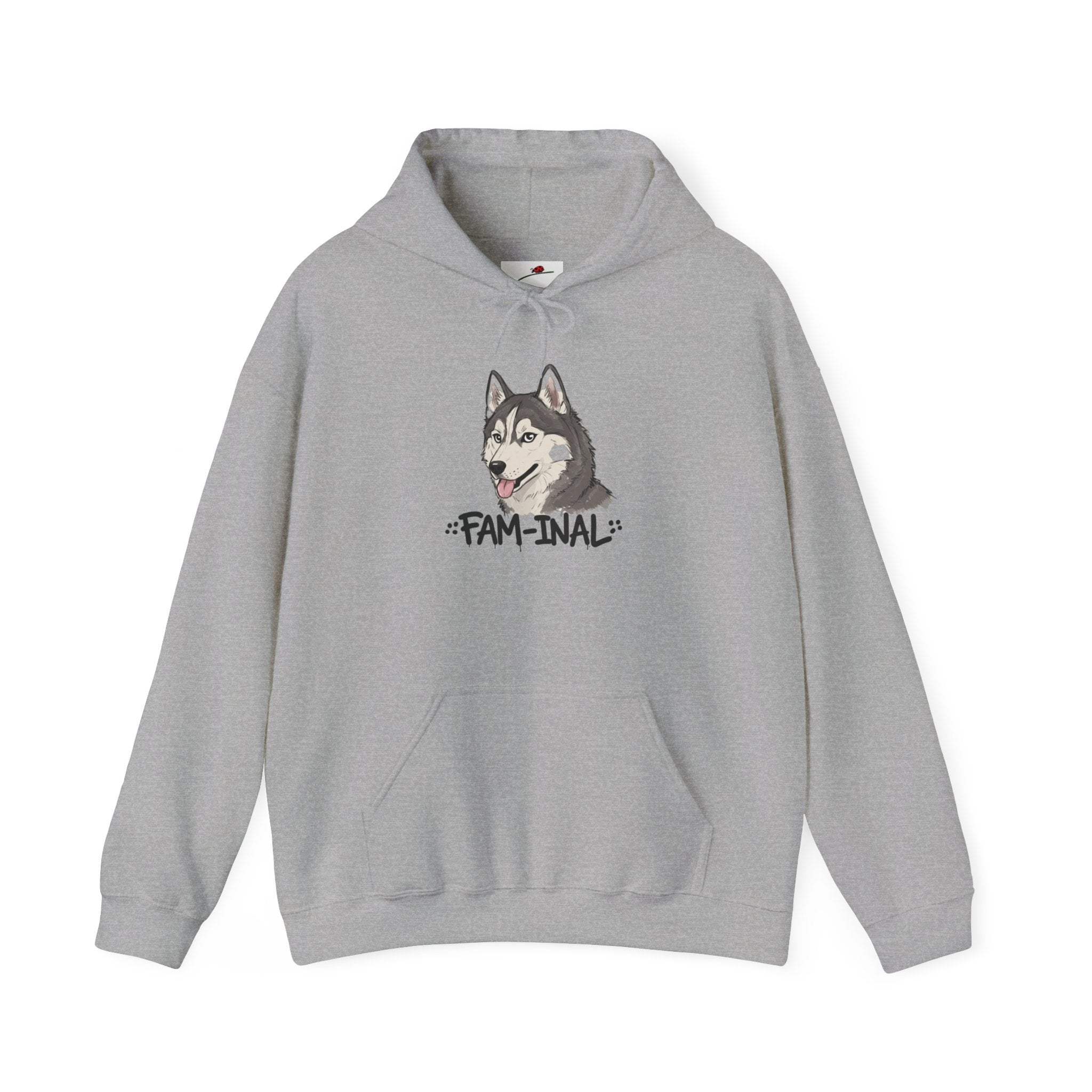 LuckeLadybug funny husky graphic hoodie in gray with cute husky face and FAM-INAL text