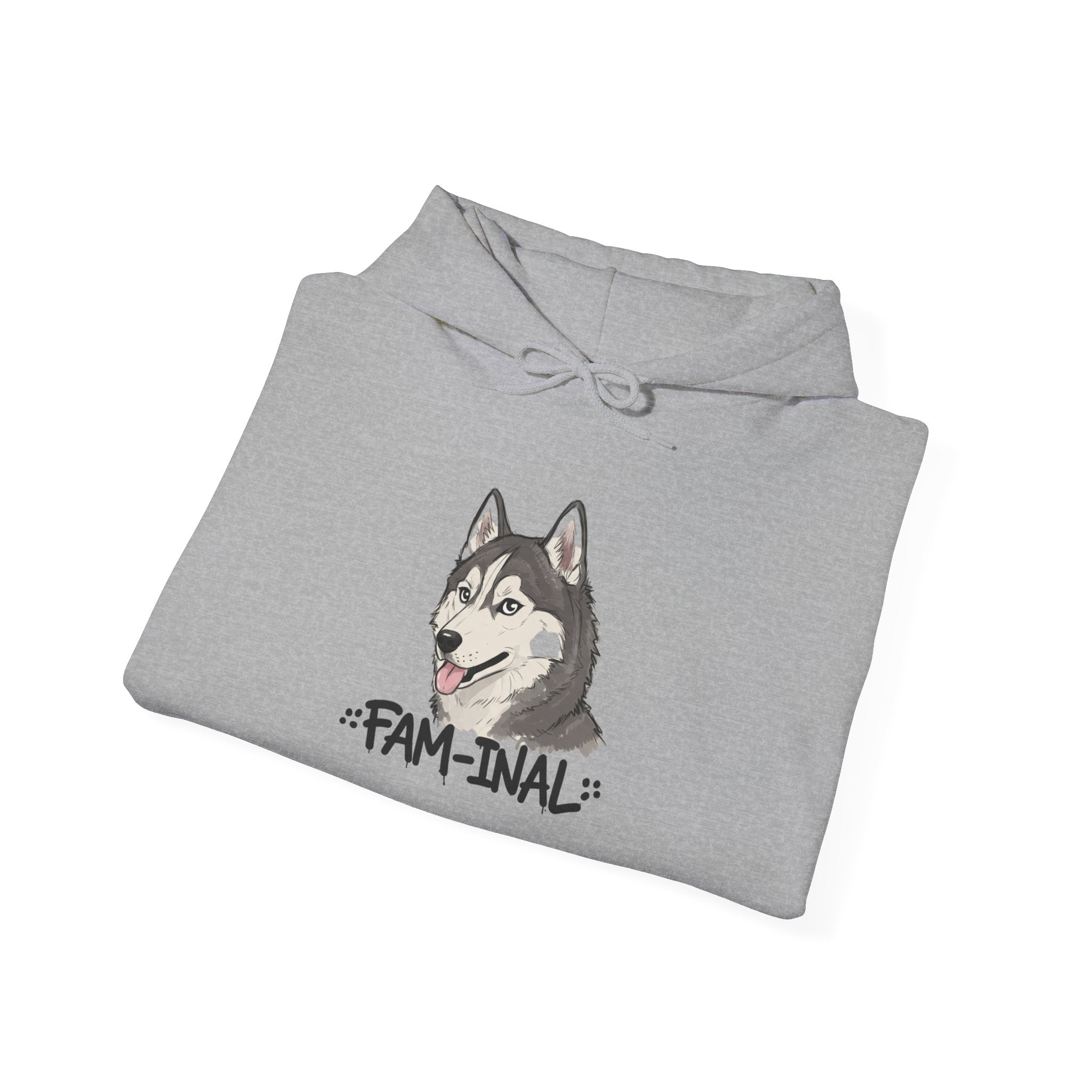 LuckeLadybug gray funny husky graphic hoodie with cute husky face and fam-inal text