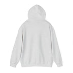 Back view of LuckeLadybug funny husky graphic hoodie in light gray with hood and long sleeves