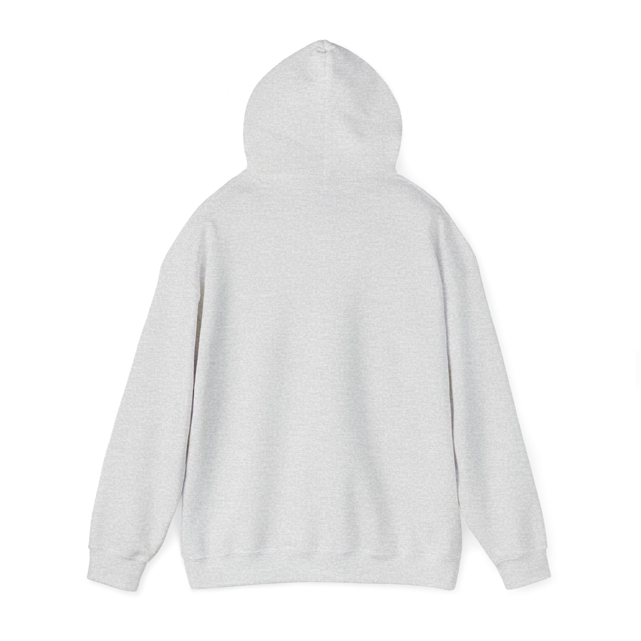 Back view of LuckeLadybug funny husky graphic hoodie in light gray with hood and long sleeves