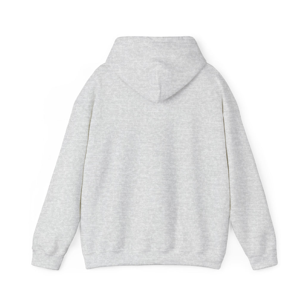 Back view of LuckeLadybug funny husky graphic hoodie in light gray with a hood and long sleeves