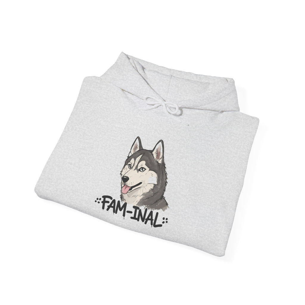 LuckeLadybug funny husky graphic hoodie in light gray with a smiling husky and fam-inal text