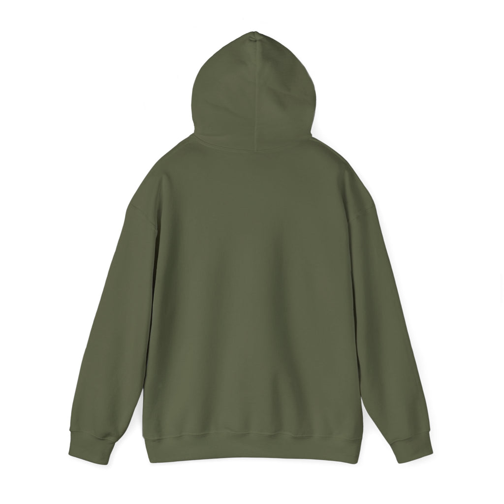 Back view of olive green funny husky graphic hoodie with long sleeves and hood