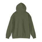 Back view of olive green funny husky graphic hoodie with long sleeves and hood