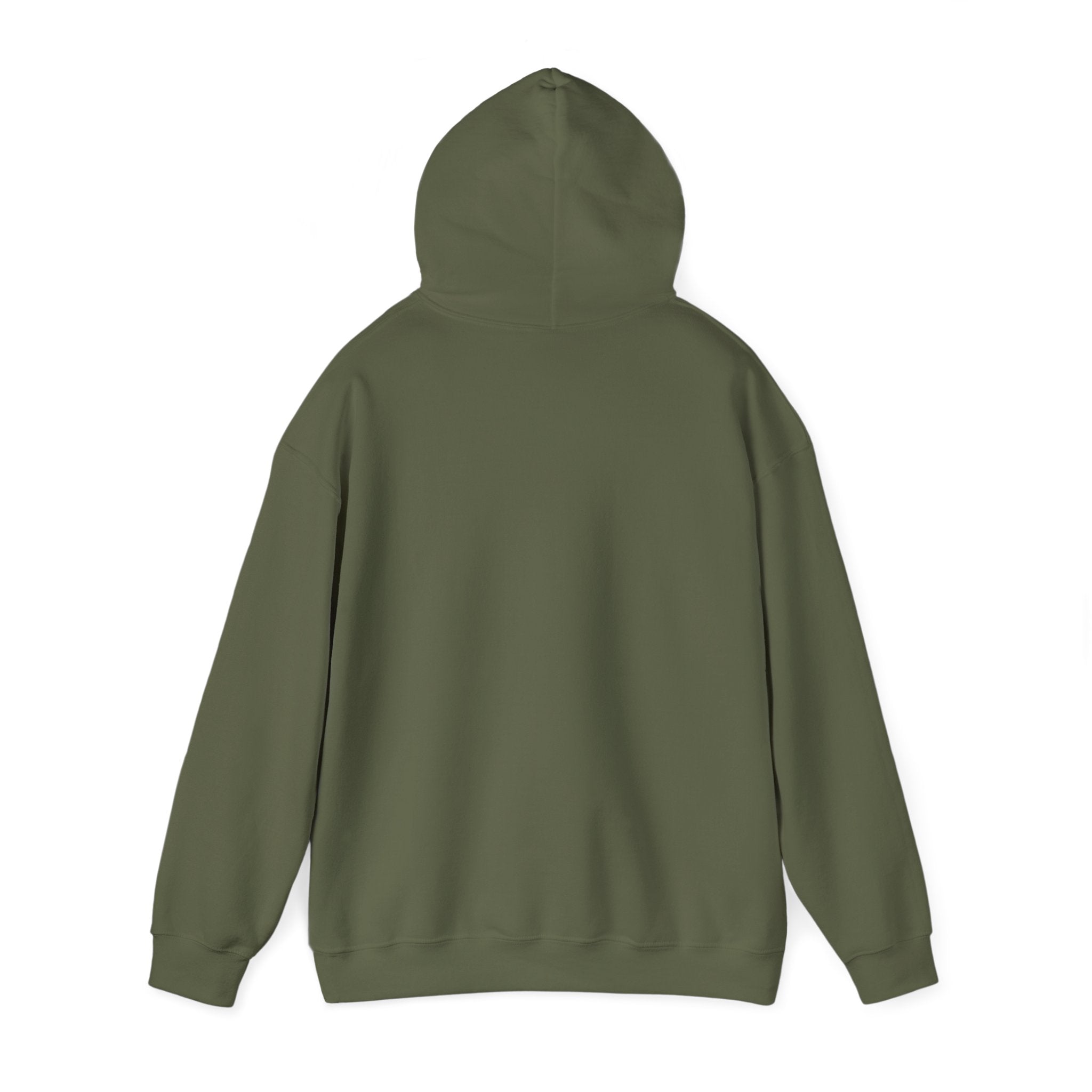 Back view of olive green funny husky graphic hoodie with long sleeves and hood