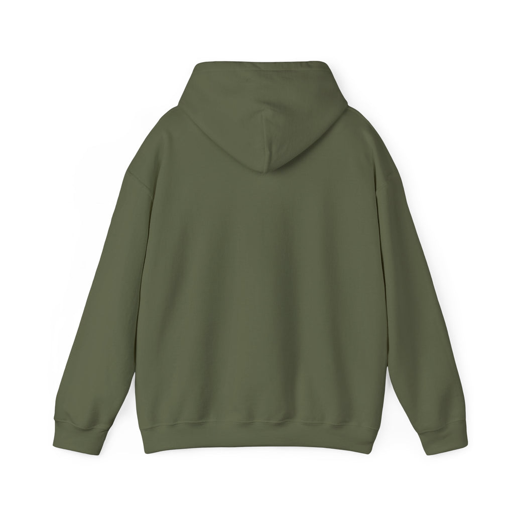 Back view of olive green funny husky graphic hoodie from LuckeLadybug with a comfortable hood and long sleeves