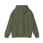 Back view of olive green funny husky graphic hoodie from LuckeLadybug with a comfortable hood and long sleeves