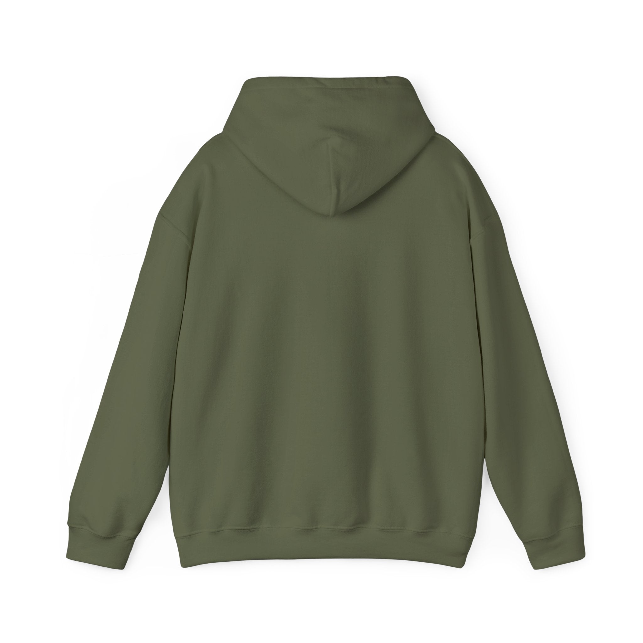 Back view of olive green funny husky graphic hoodie from LuckeLadybug with a comfortable hood and long sleeves
