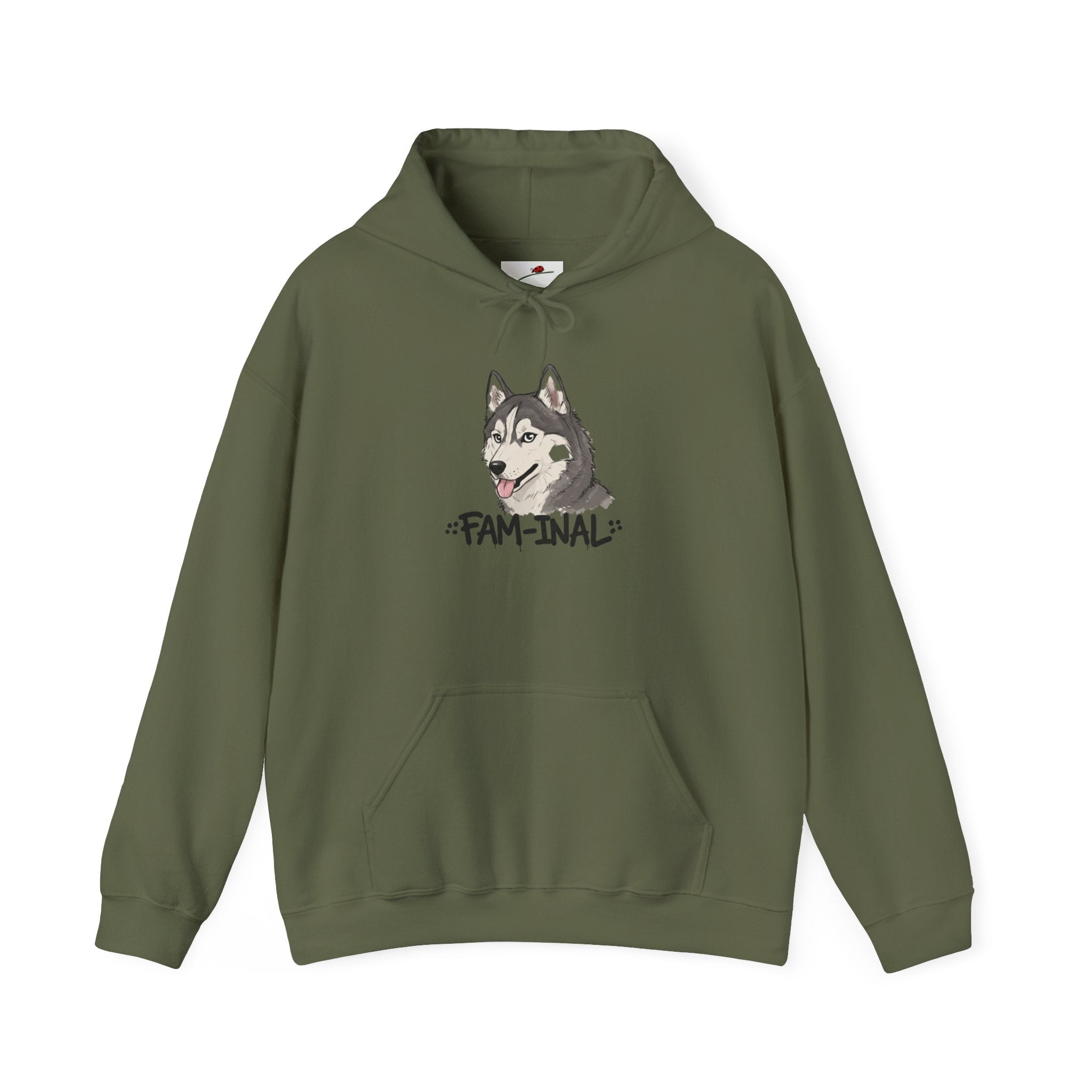 Olive green funny husky graphic hoodie with cartoon husky face and Fam-inal text
