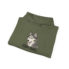 Olive green funny husky graphic hoodie with a cartoon husky face and fam-inal text
