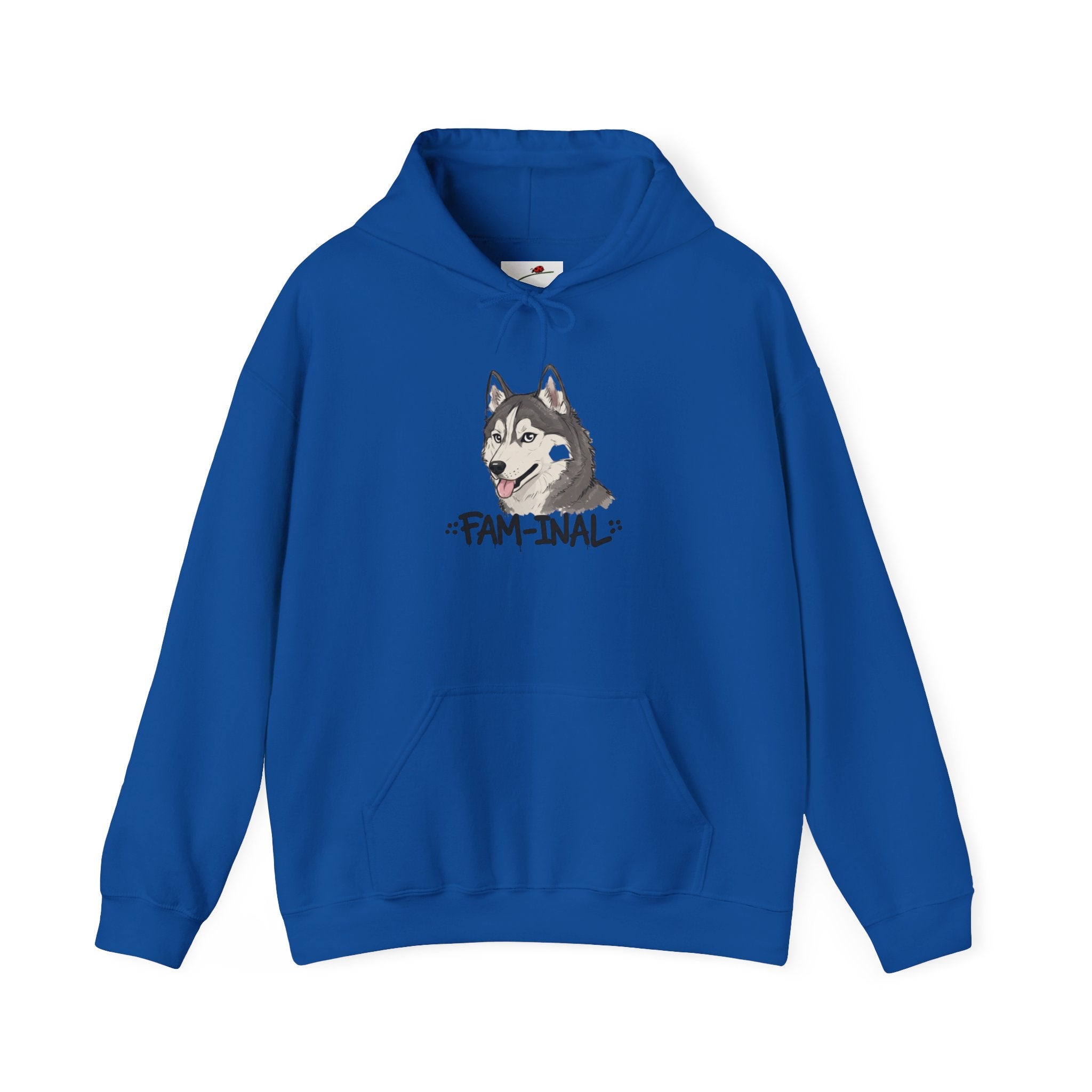LuckeLadybug funny husky graphic hoodie in blue with playful husky face and text design
