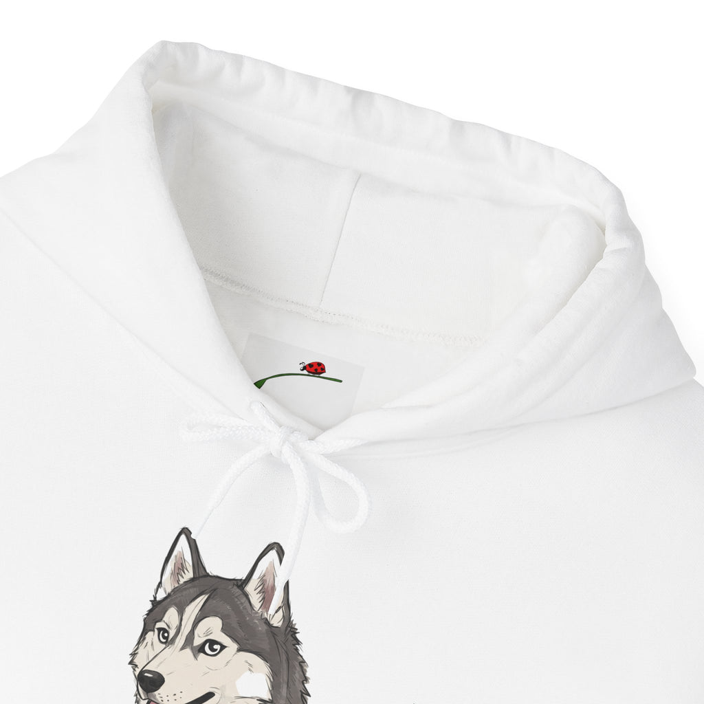 White funny husky graphic hoodie by LuckeLadybug with drawstring hood and detailed husky illustration