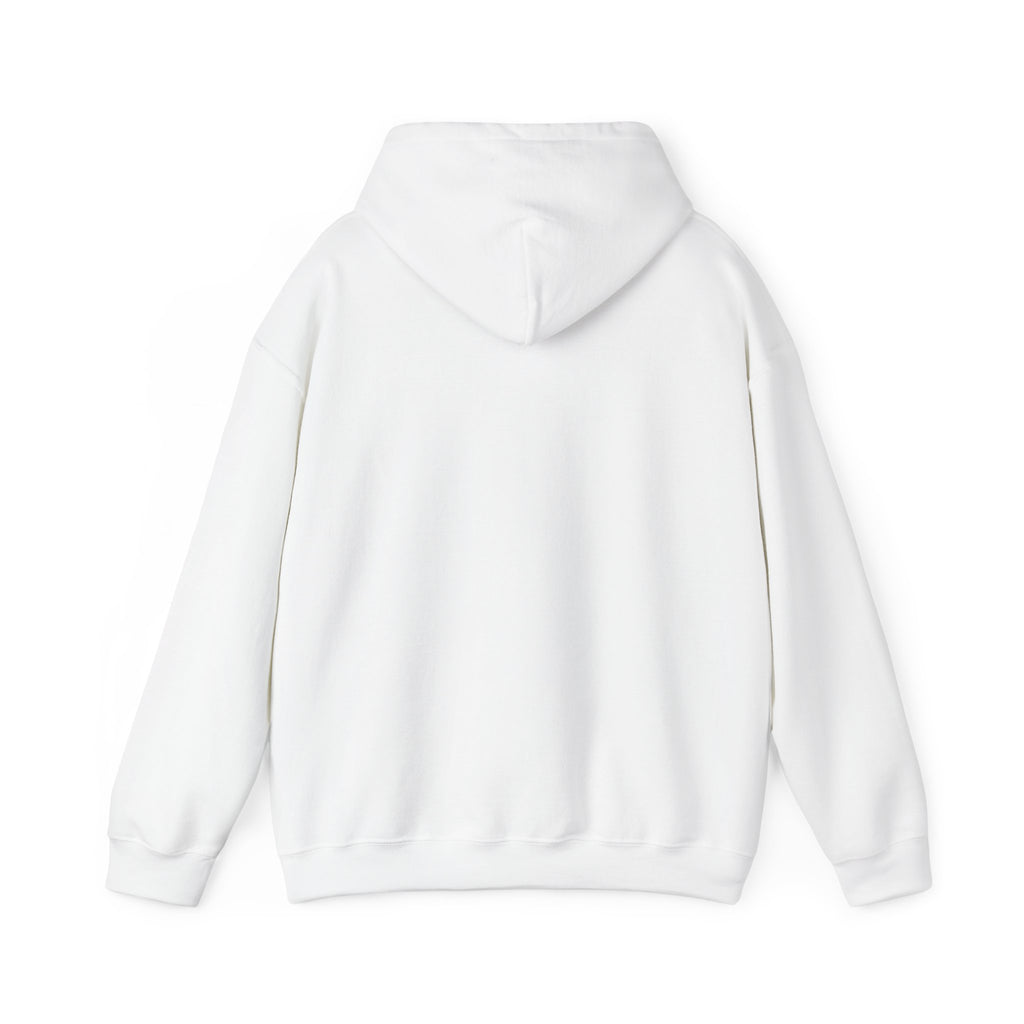 White funny husky graphic hoodie by LuckeLadybug shown from back with hood and long sleeves
