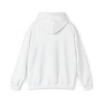 White funny husky graphic hoodie by LuckeLadybug shown from back with hood and long sleeves
