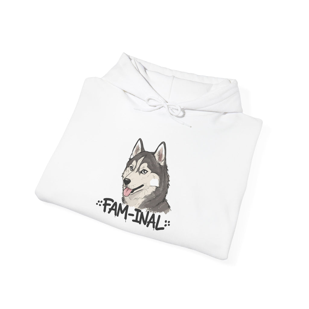 White funny husky graphic hoodie with playful husky illustration and fam-inal text