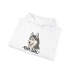 White funny husky graphic hoodie with playful husky illustration and fam-inal text