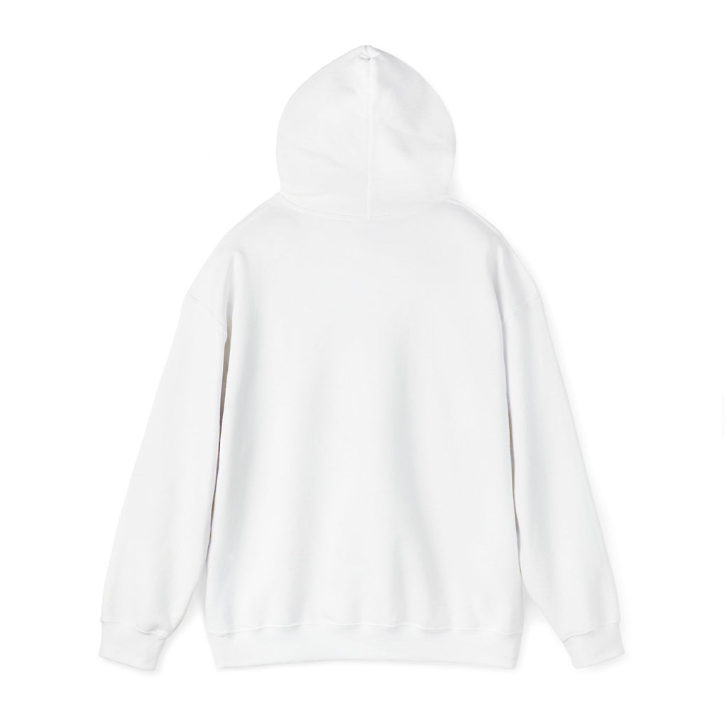 White LuckeLadybug funny husky graphic hoodie shown from the back with hood up and long sleeves